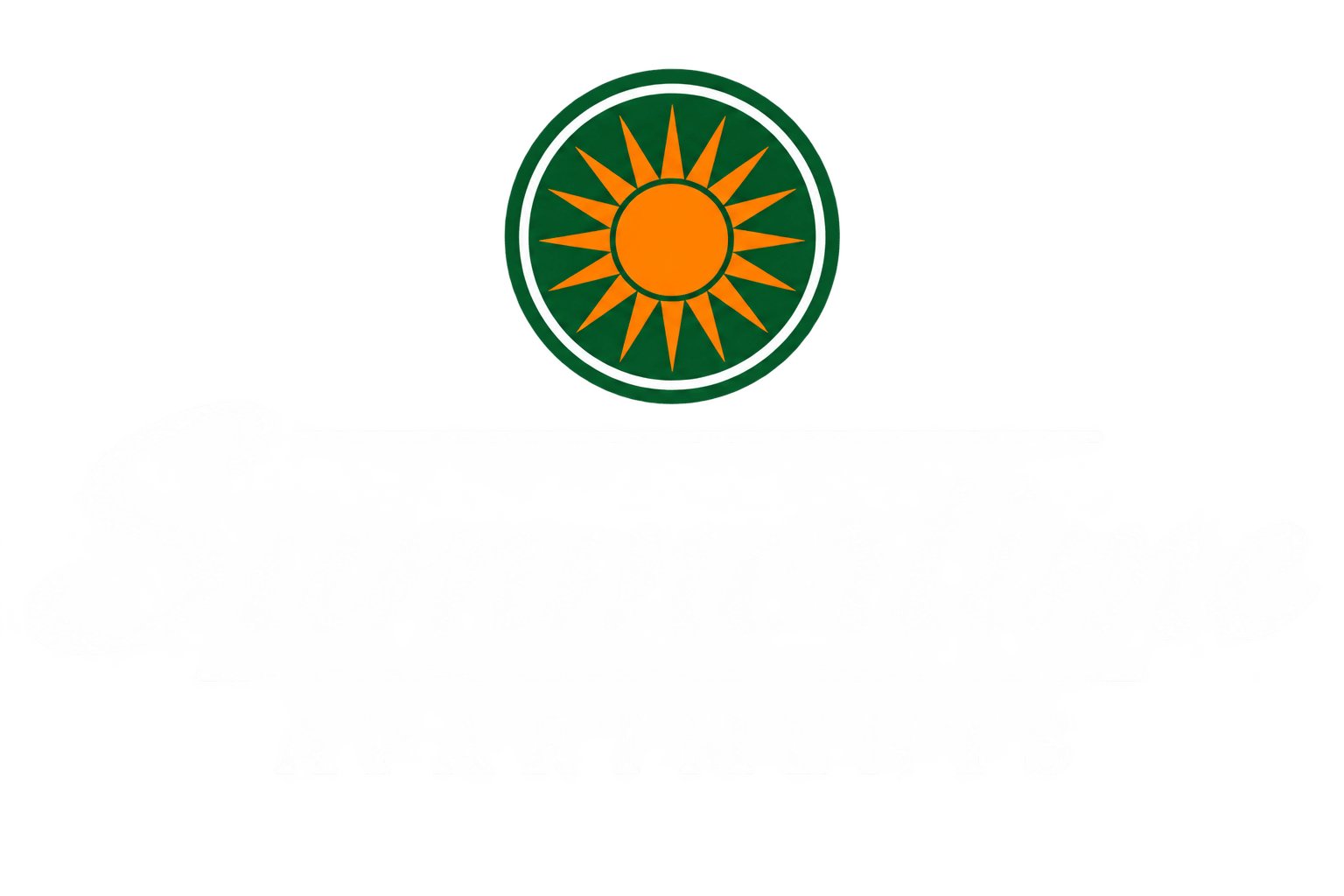 A white shape with a green sun logo in the upper left corner.